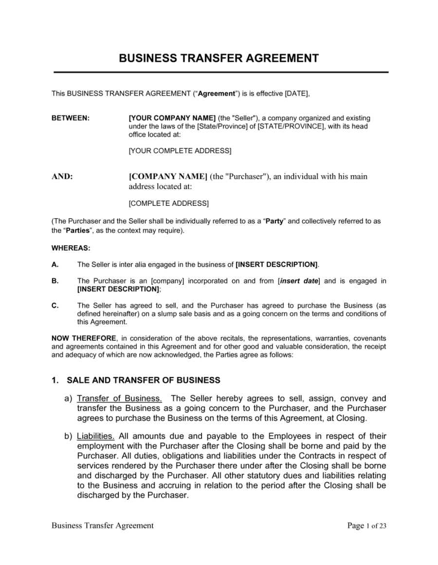 Business Transfer Agreement Template  [Download