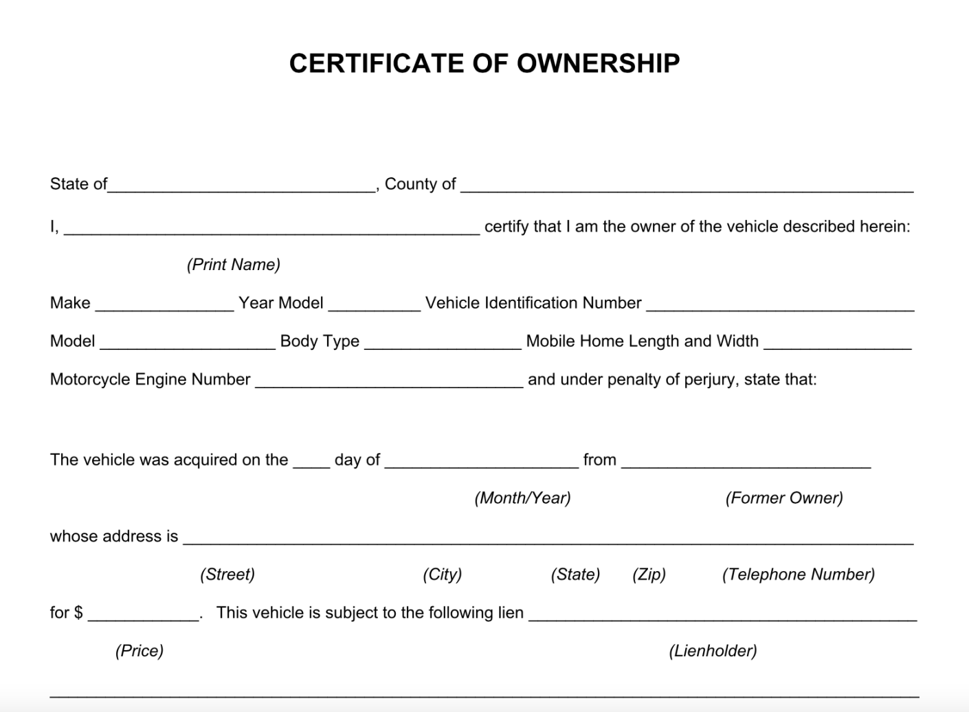 Certificate Of Ownership