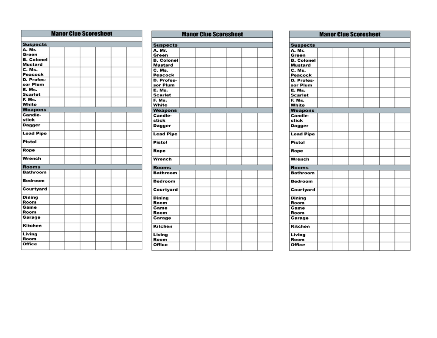 CLUE  FREE Manor Beach Score Sheets for Print