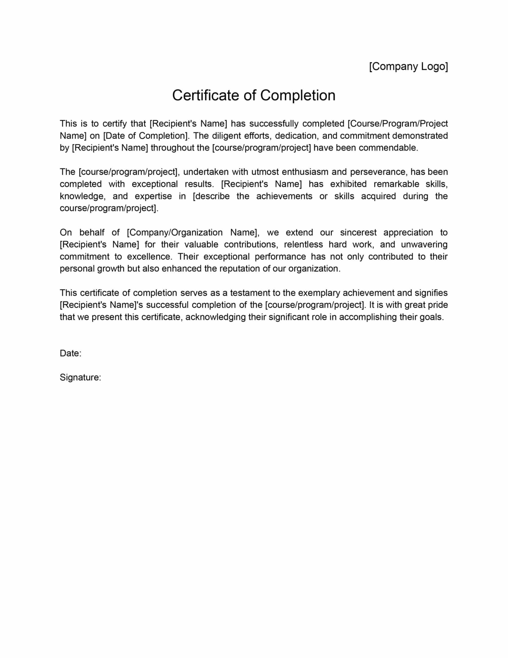 Construction Certificate of Completion Templates