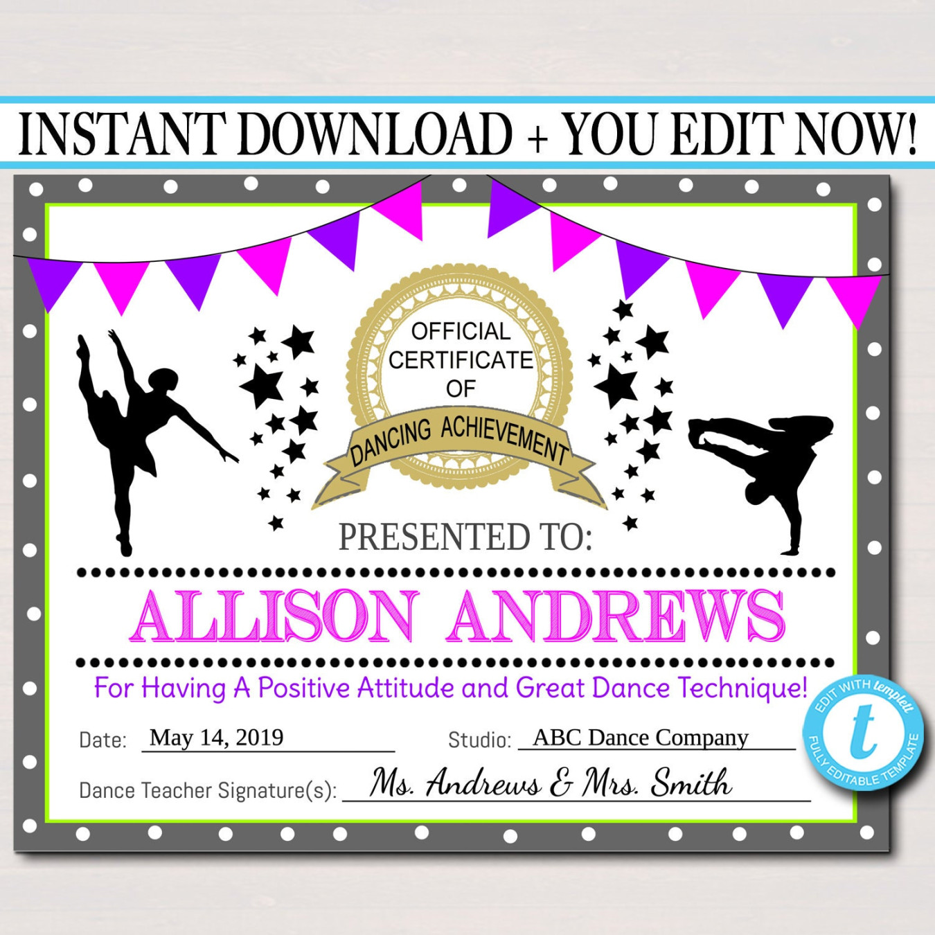 EDITABLE Dancer Certificate INSTANT DOWNLOAD, Dancing Award