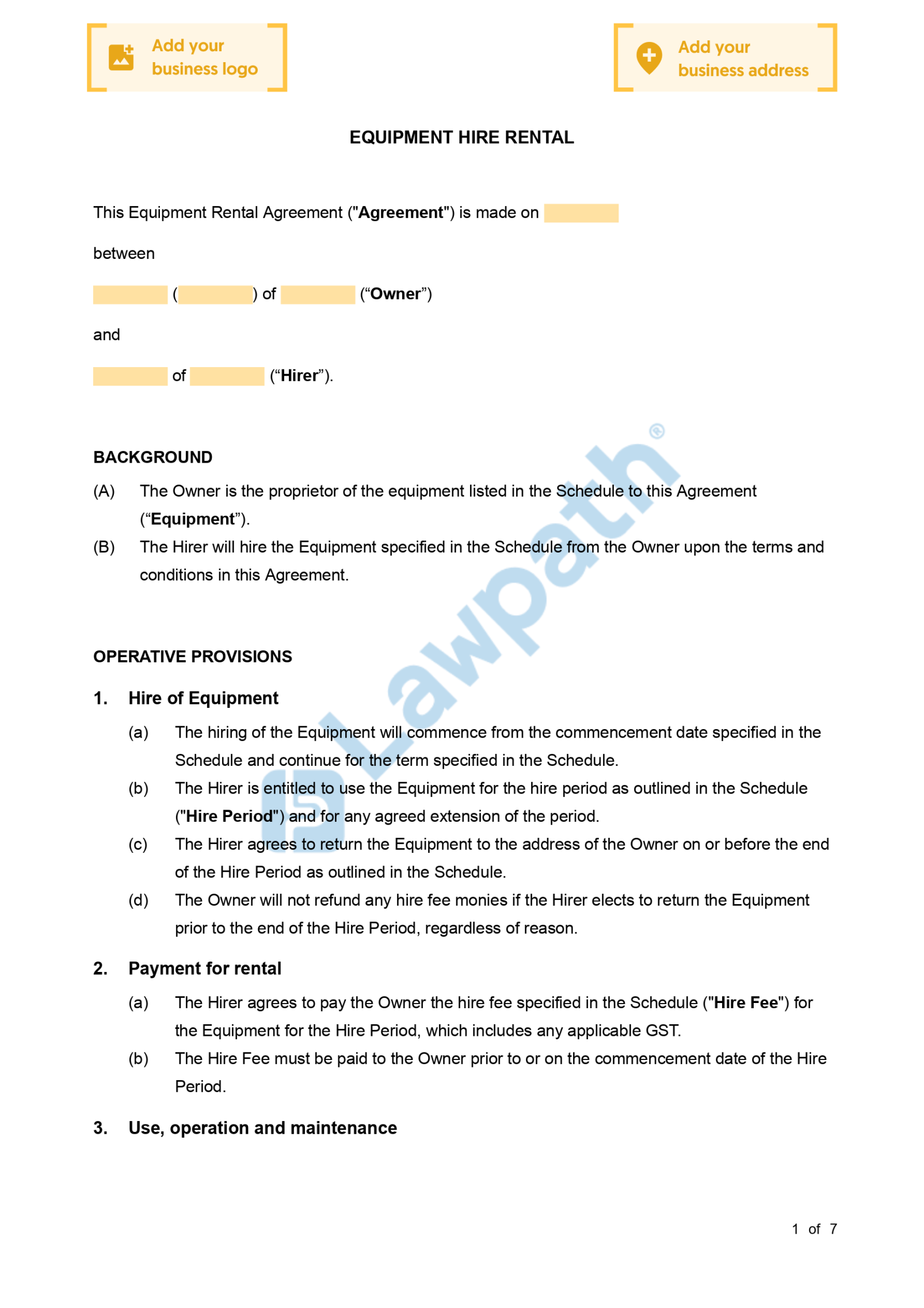 Equipment Hire Agreement - Free Template  Sample - Lawpath