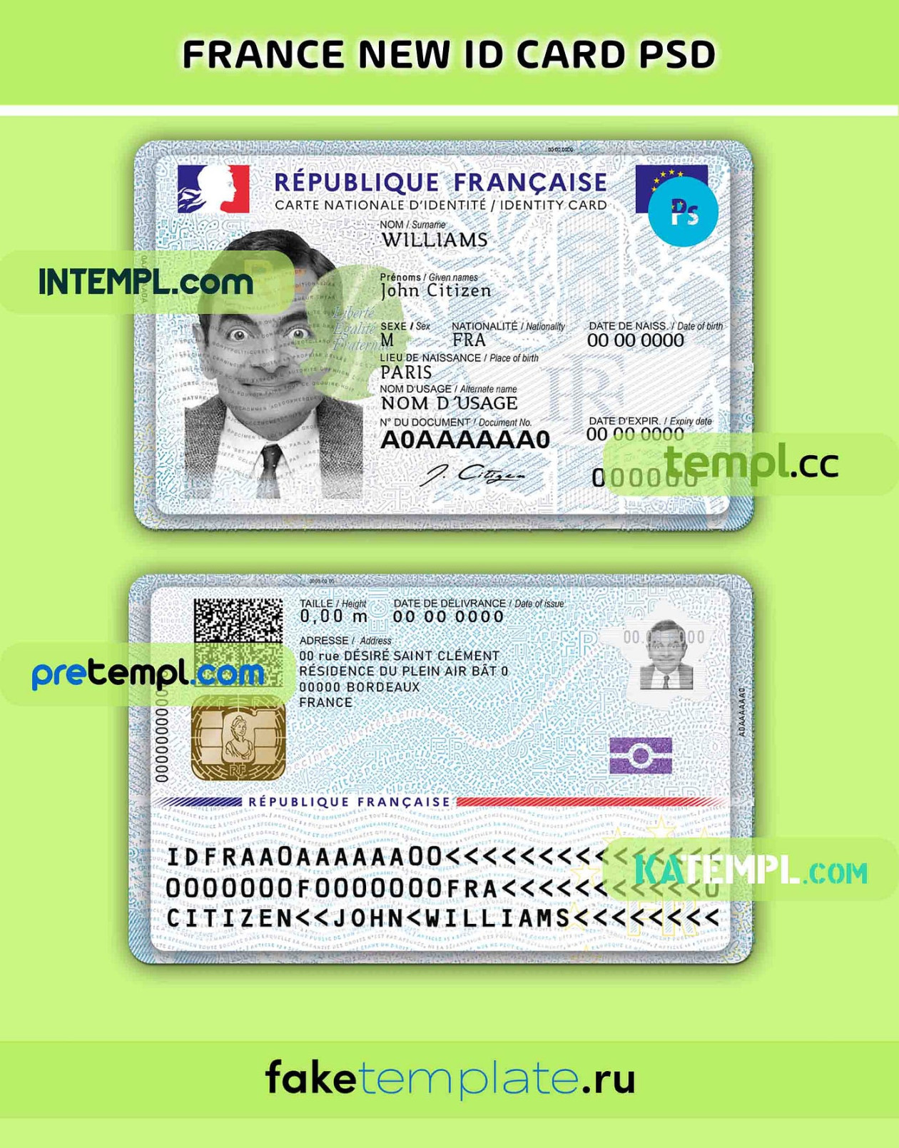 France national ID card template in PSD format, fully editable