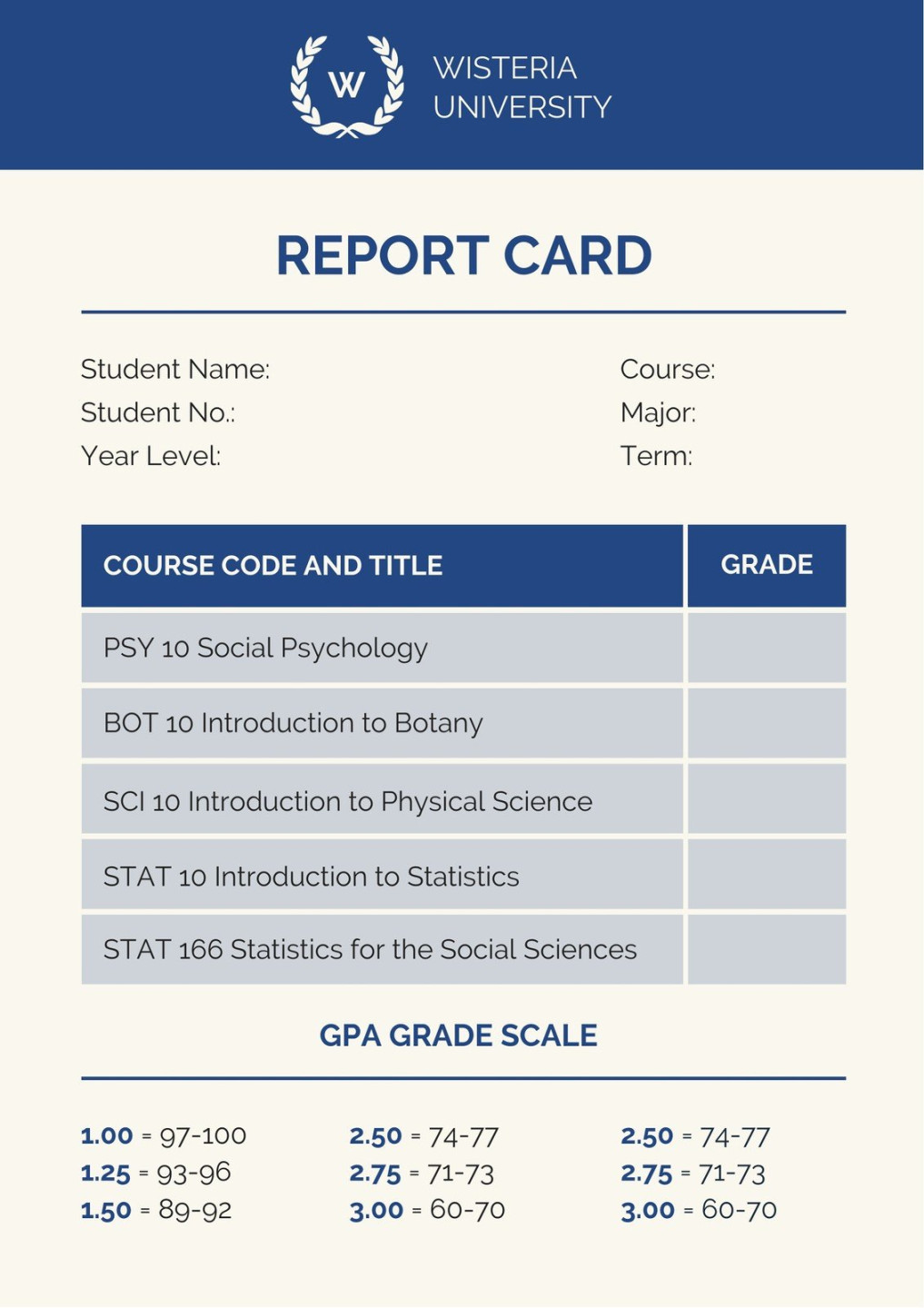 Free custom printable college report card templates  Canva