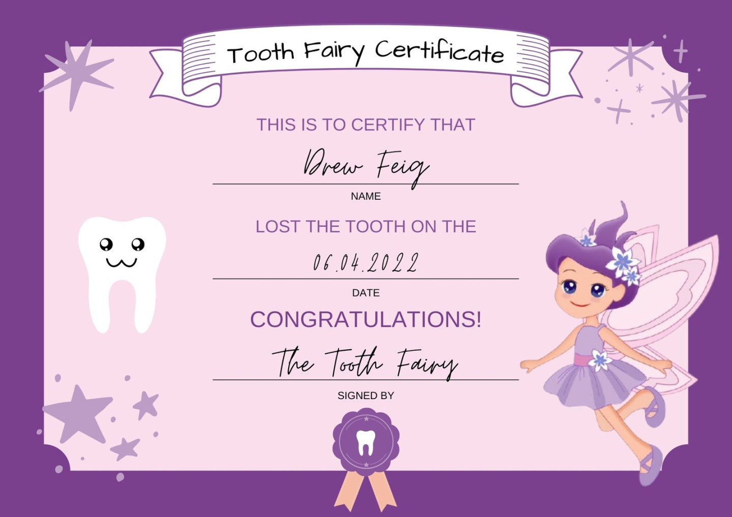 Free customizable tooth fairy certificate templates  Canva