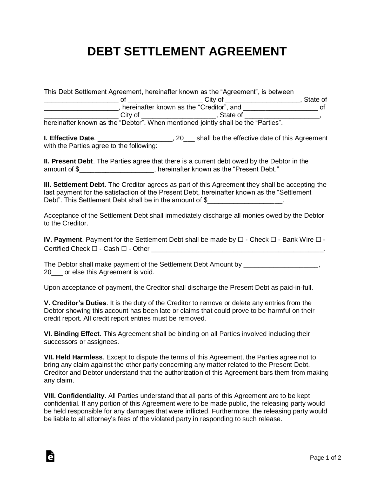 Free Debt Settlement Agreement Template  Sample - PDF  Word – eForms