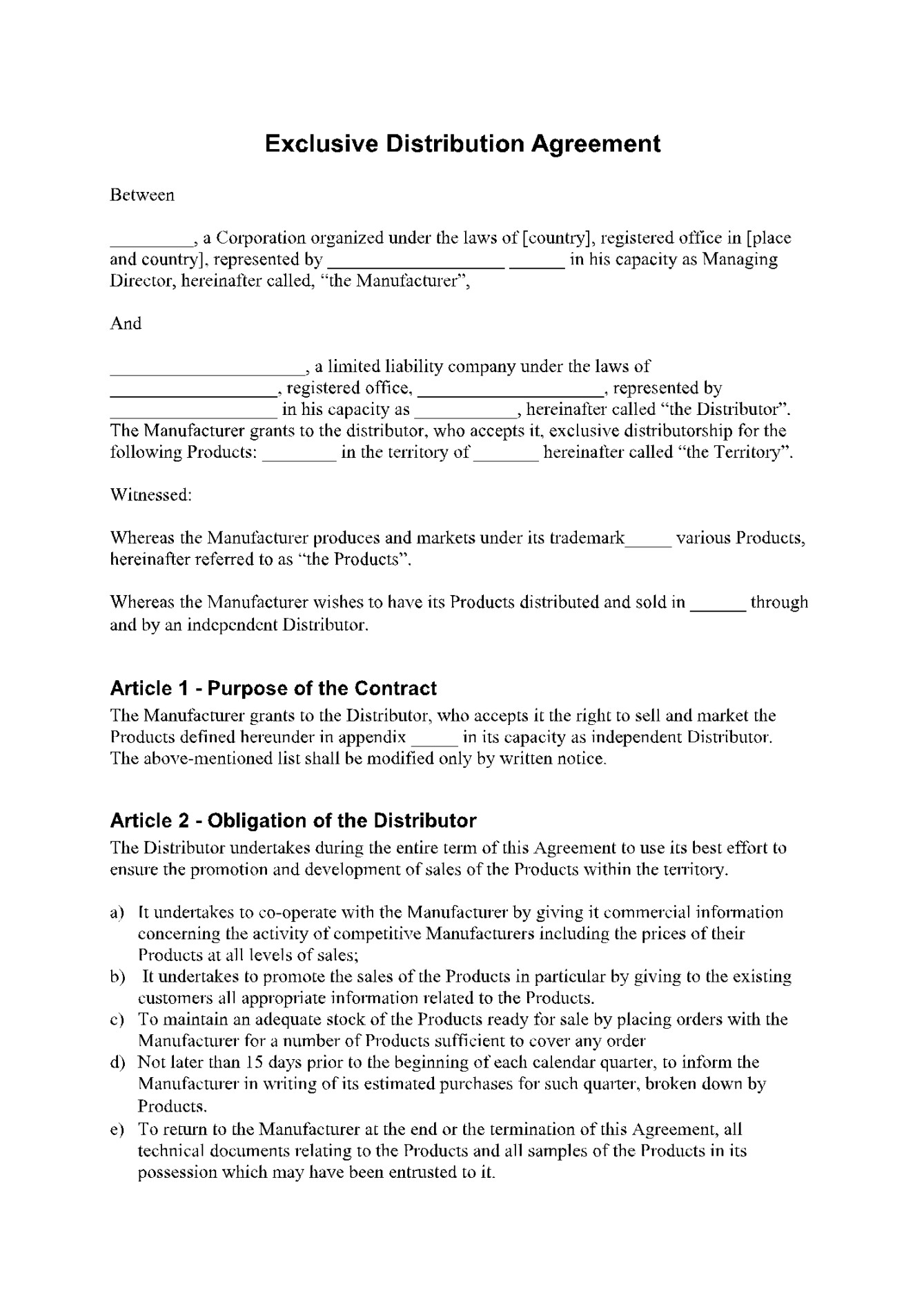 Free Exclusive Distribution Agreement Template ( Updated)