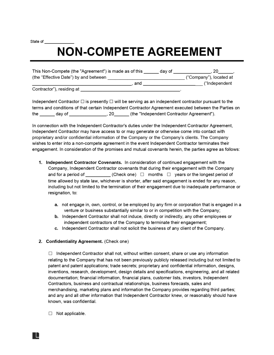 Free Independent Contractor Non-Compete Agreement  PDF & Word