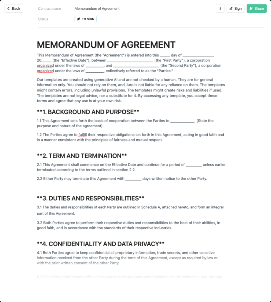 Free Memorandum of Agreement template