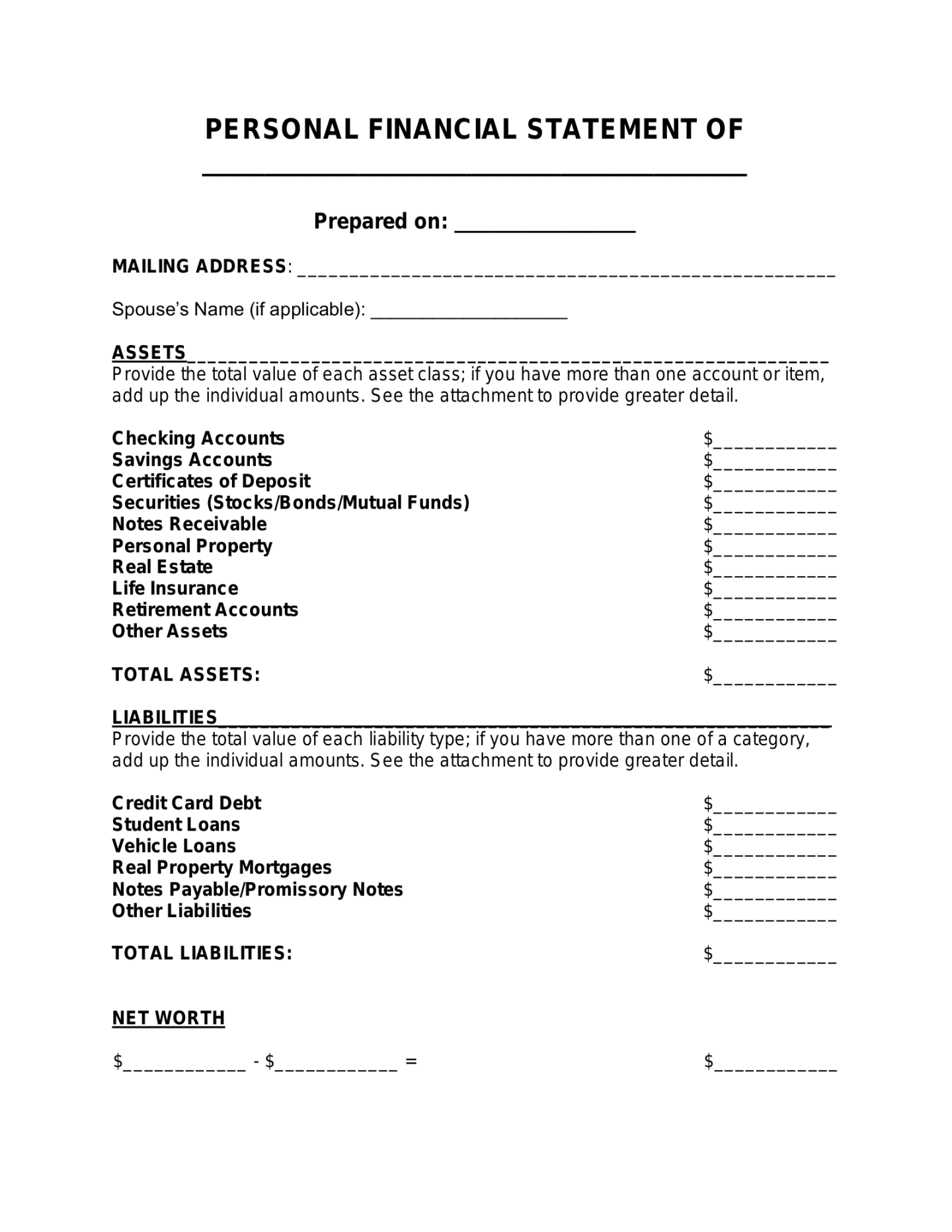 Free Personal Financial Statement Template - PDF  Word – eForms