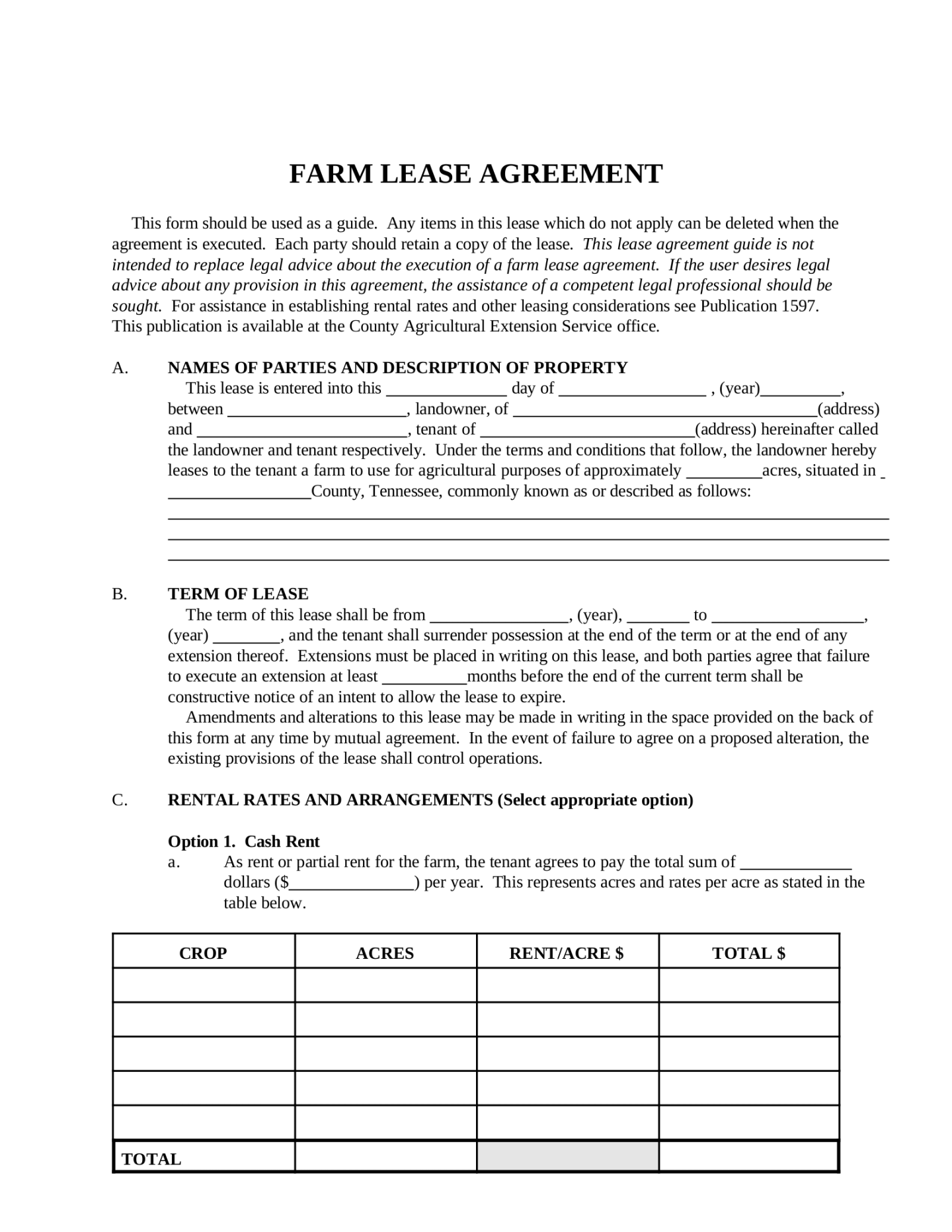 Free Tennessee Farm Lease Agreement Template - PDF – eForms