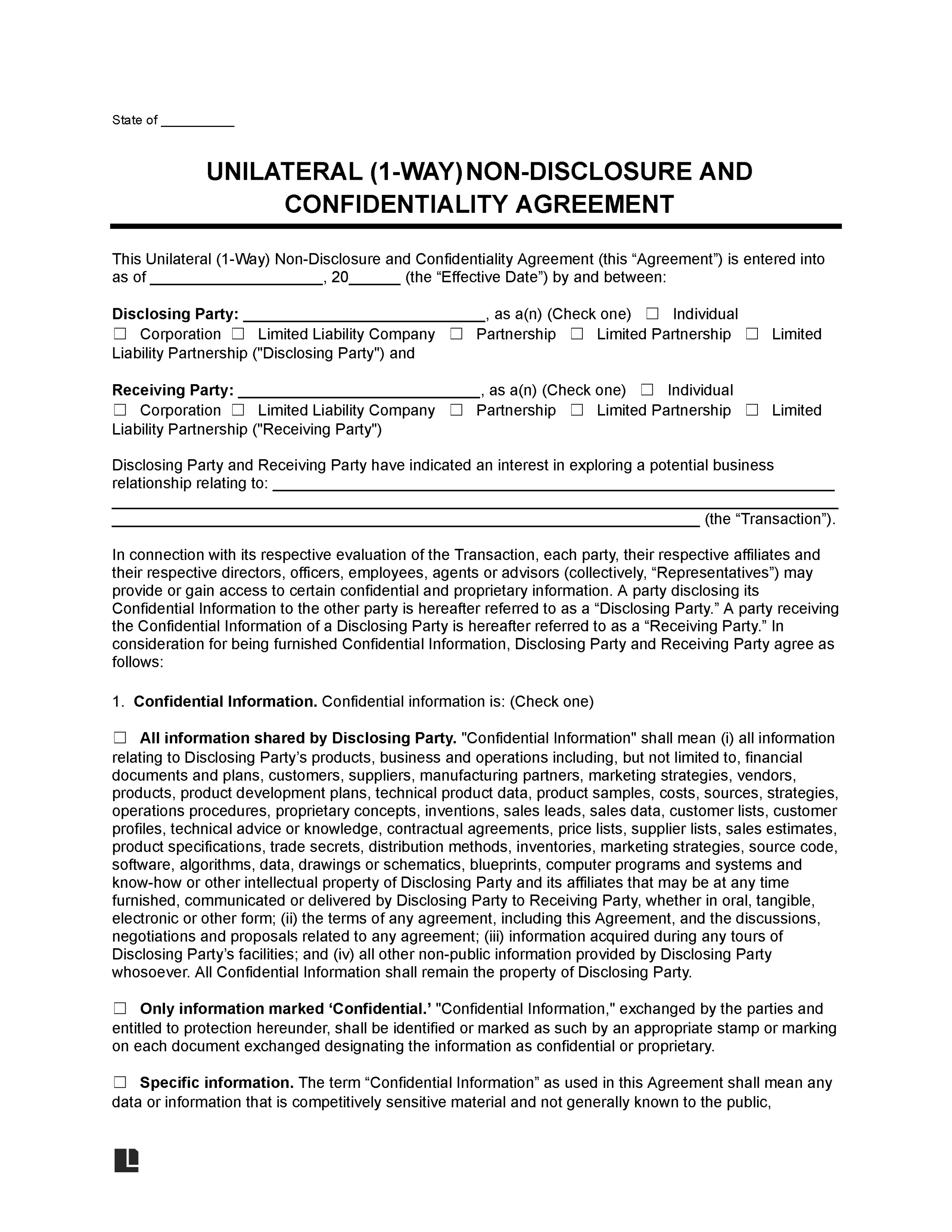 Free Unilateral (One-Way) Non-Disclosure Agreement (NDA) Template