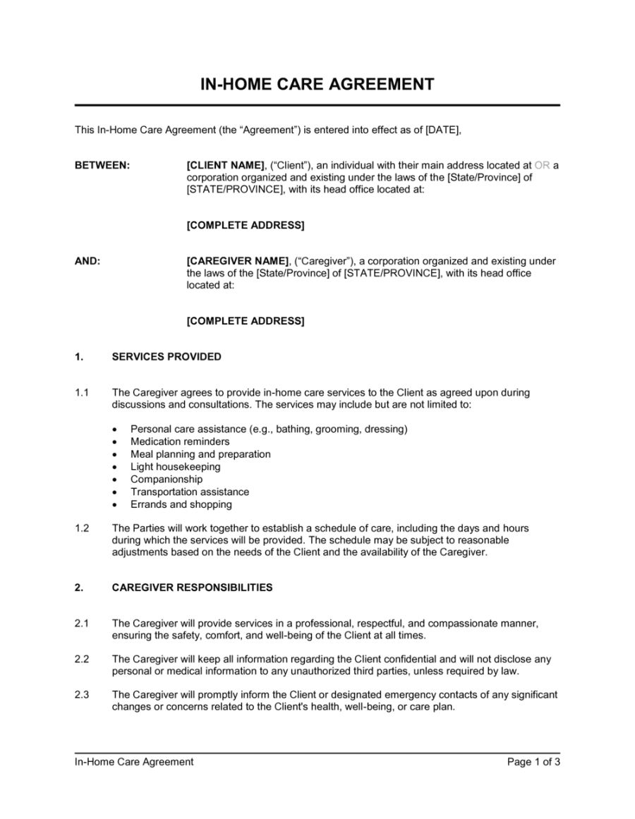 In-Home Care Agreement Template  [Download