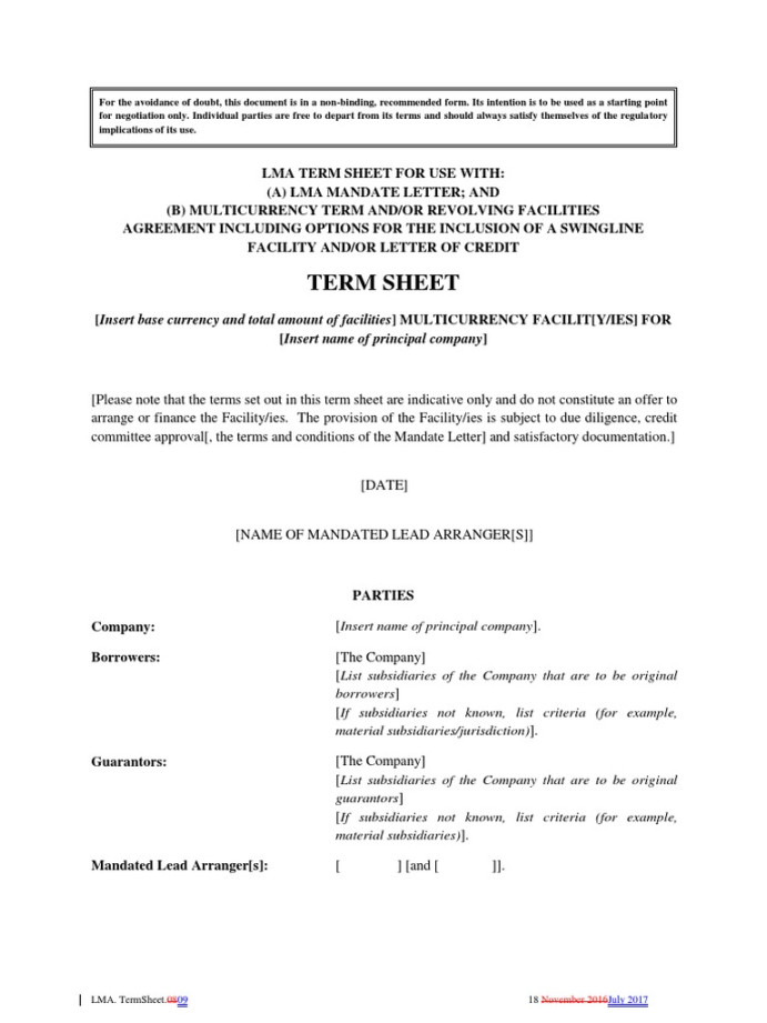 LMA Term Sheet - Mark  PDF  Syndicated Loan  Loans