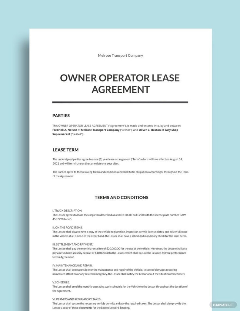 Owner Operator Lease Agreement Template in Google Docs, Word