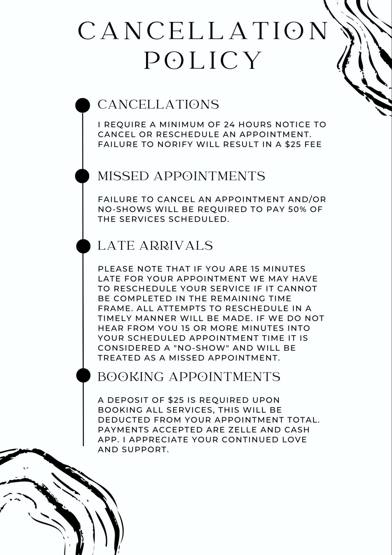 Salon cancellation policy, salon policy, cancellation policy