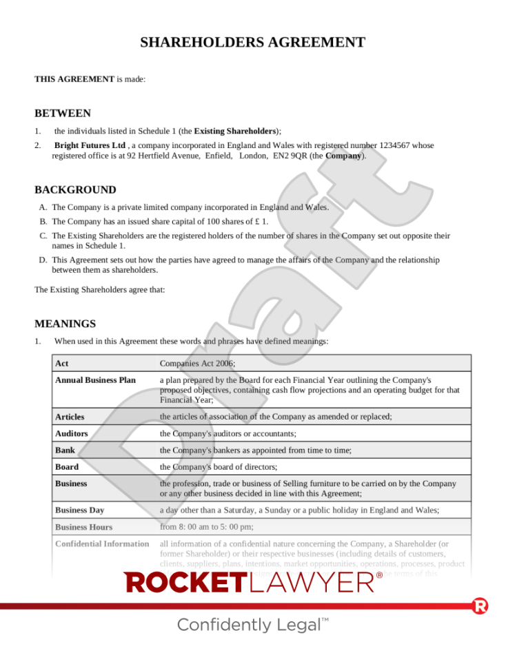 Shareholders Agreement  Template & FAQs - Rocket Lawyer UK