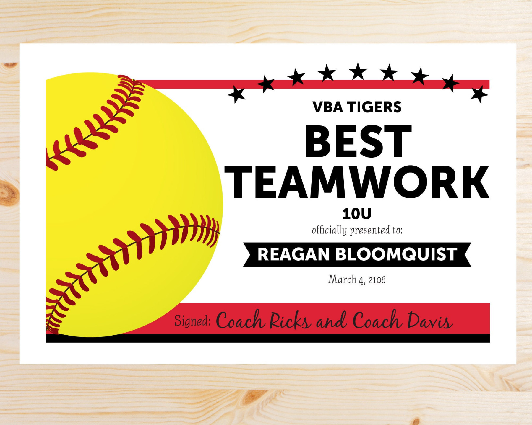 TEAM COLORS Softball Award Certificates Instant Download Printable