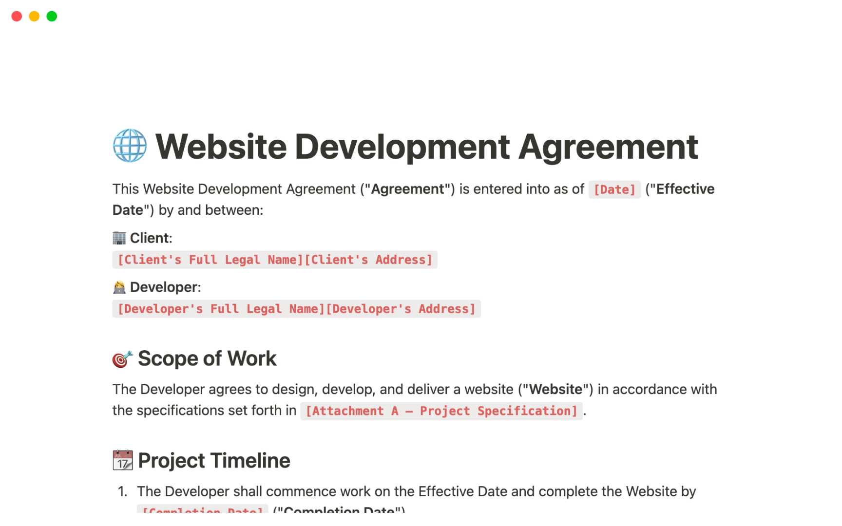 Website Development Agreement  Notion Template