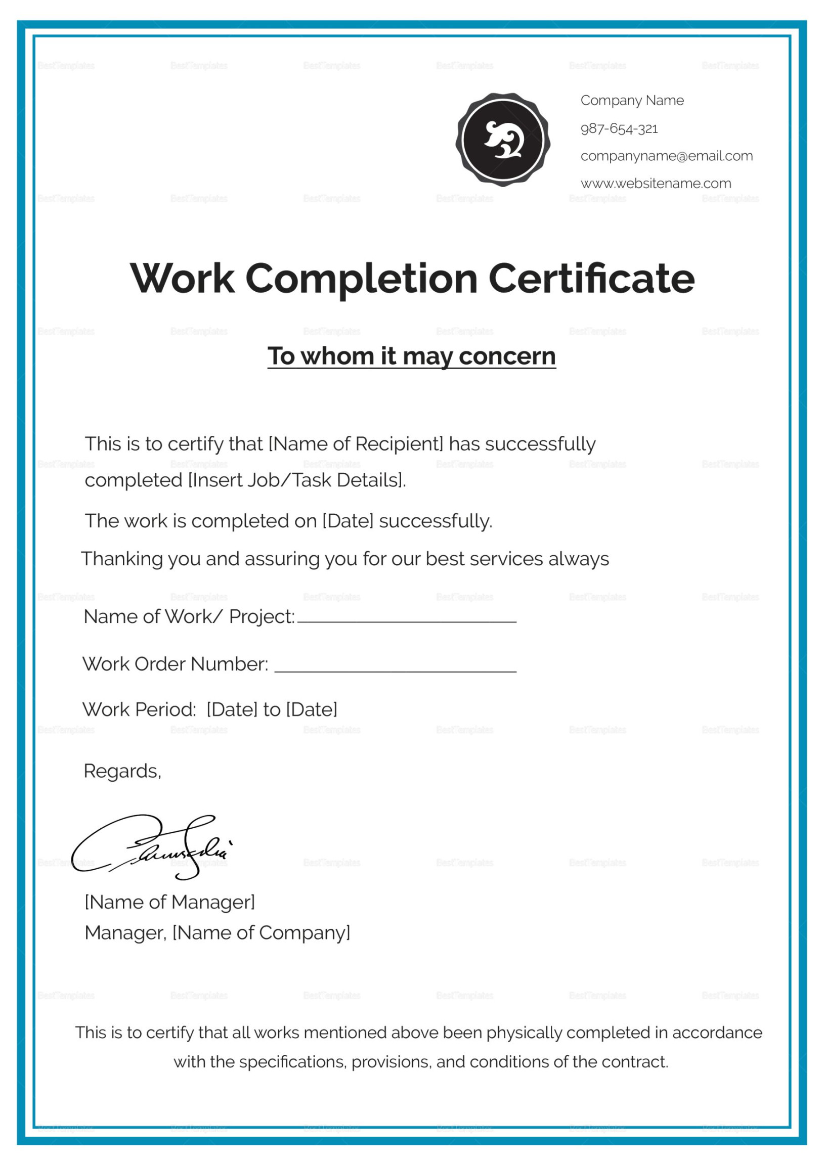 Work Completion Certificate Design Template in PSD, Word