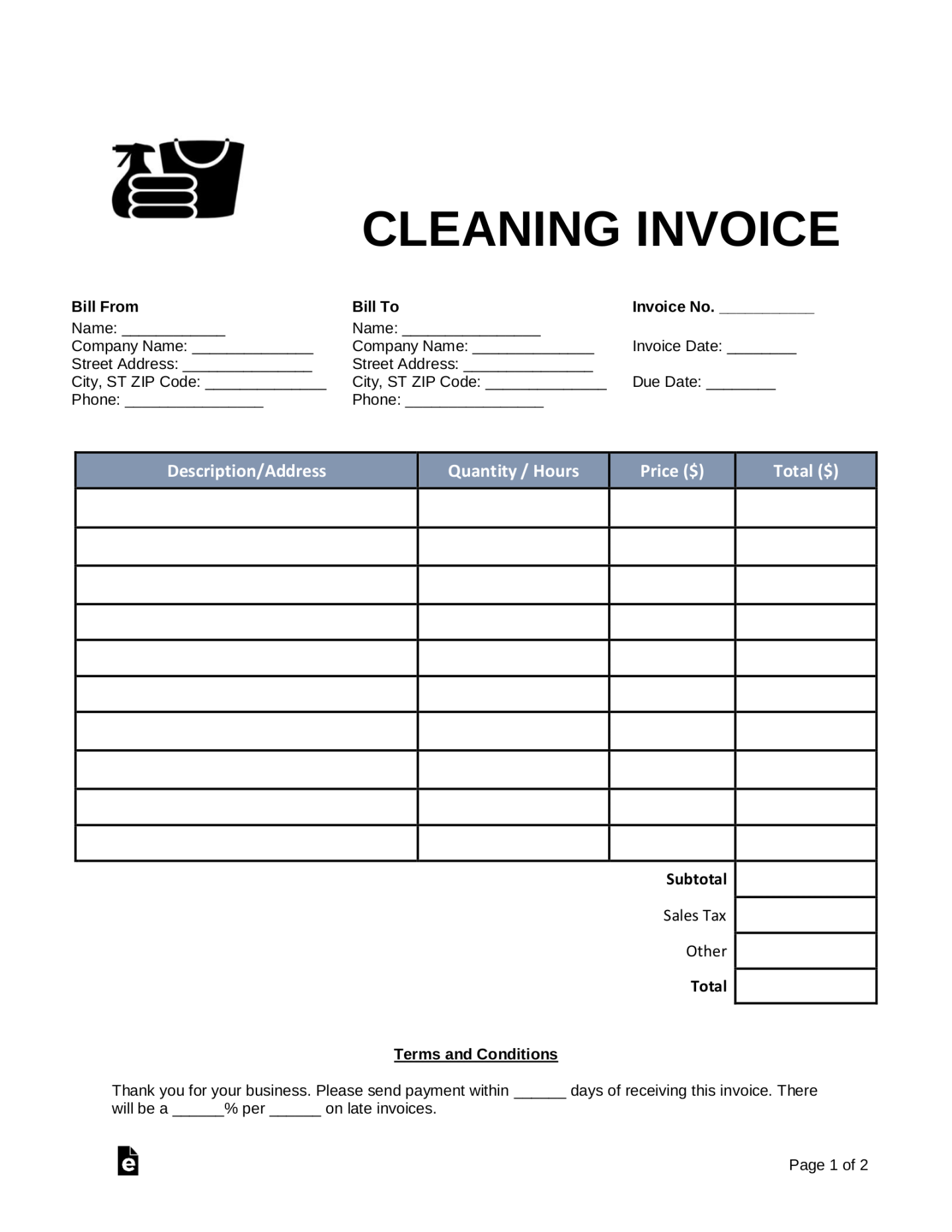 Free Cleaning (Housekeeping) Invoice Template - PDF  Word – eForms