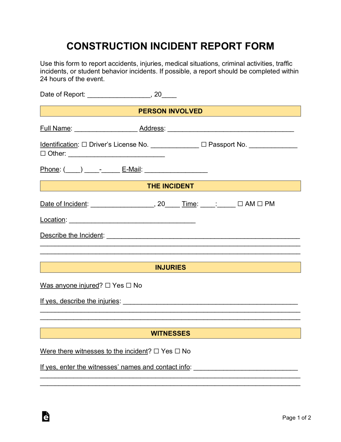 Free Construction Incident Report Template - PDF  Word – eForms