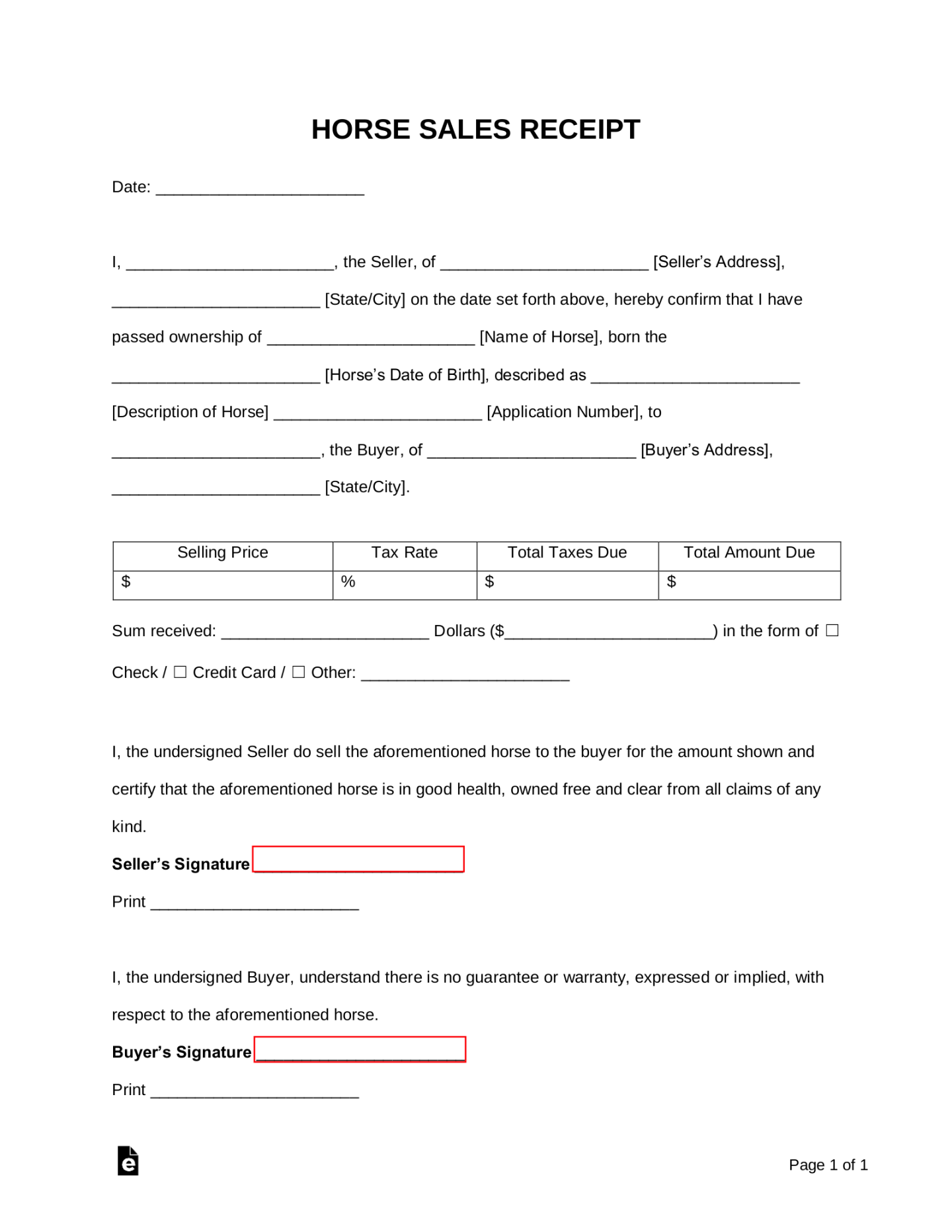 Free Horse (Sale) Receipt Template - PDF  Word – eForms