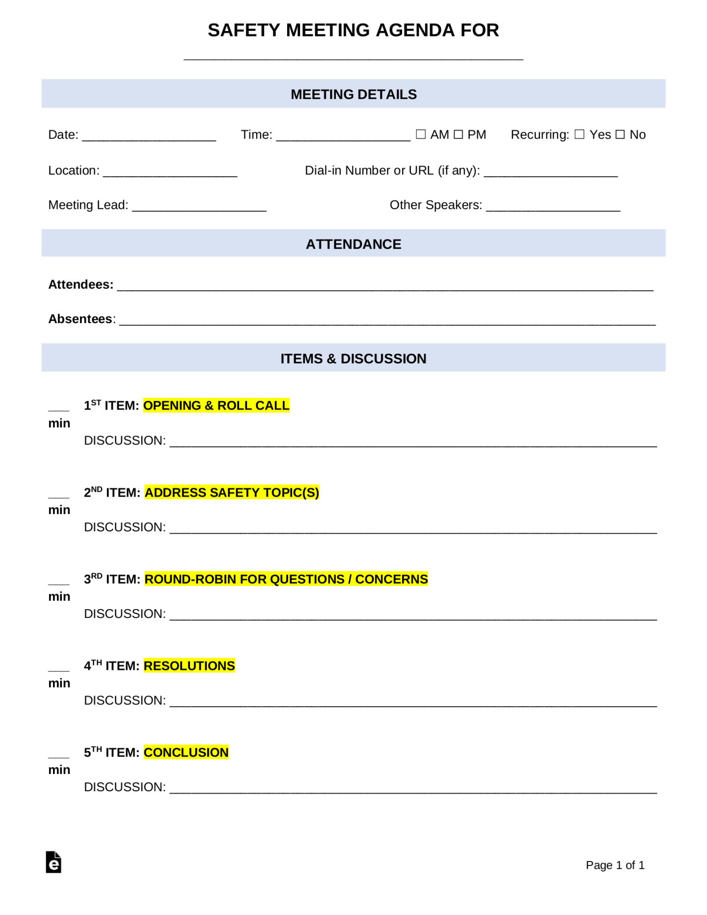 Free Safety Meeting Agenda Template - PDF  Word – eForms