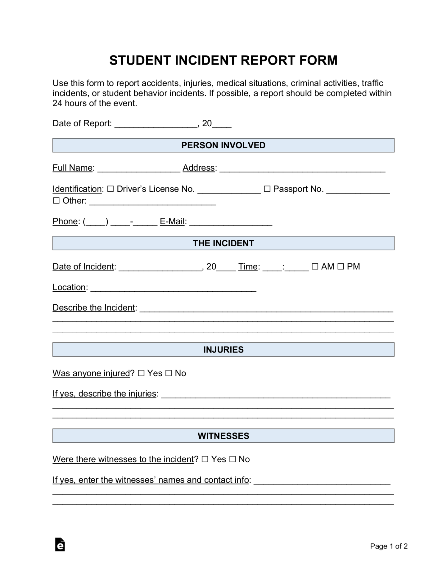 Free Student Incident Report Template - PDF  Word – eForms