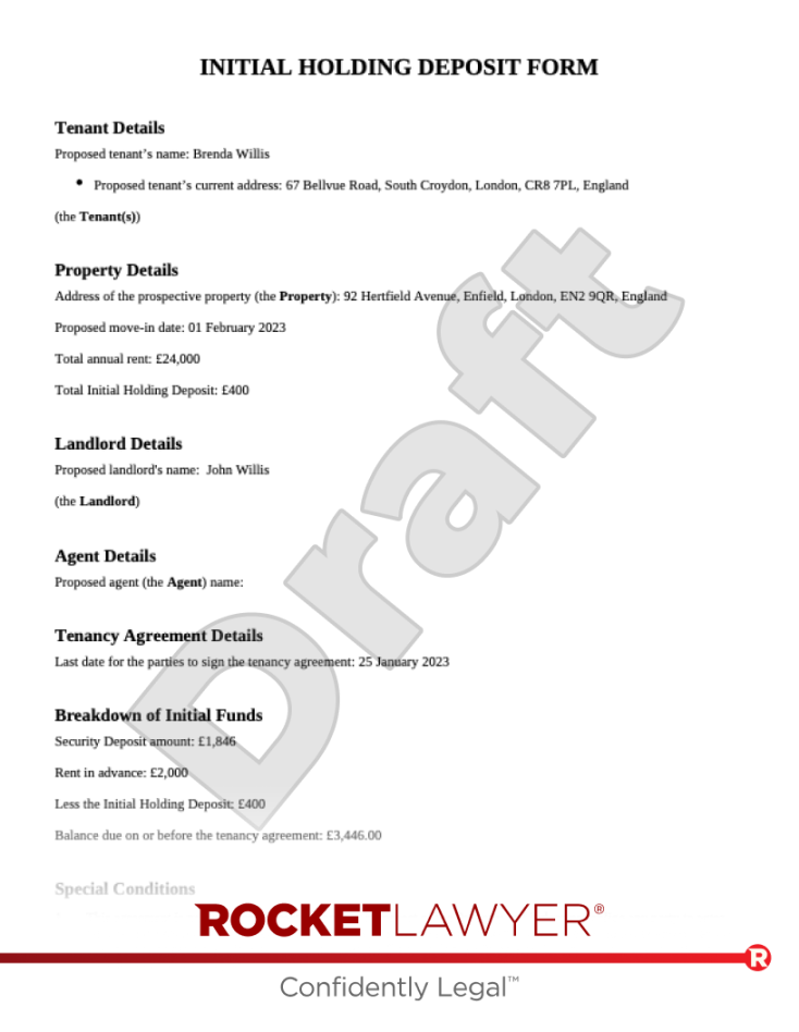 Initial Holding Deposit  Template & FAQs - Rocket Lawyer UK