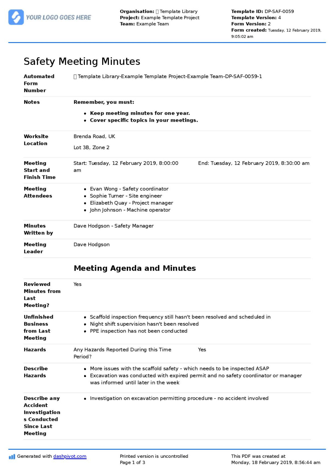 Minutes of Health and Safety Meeting Template