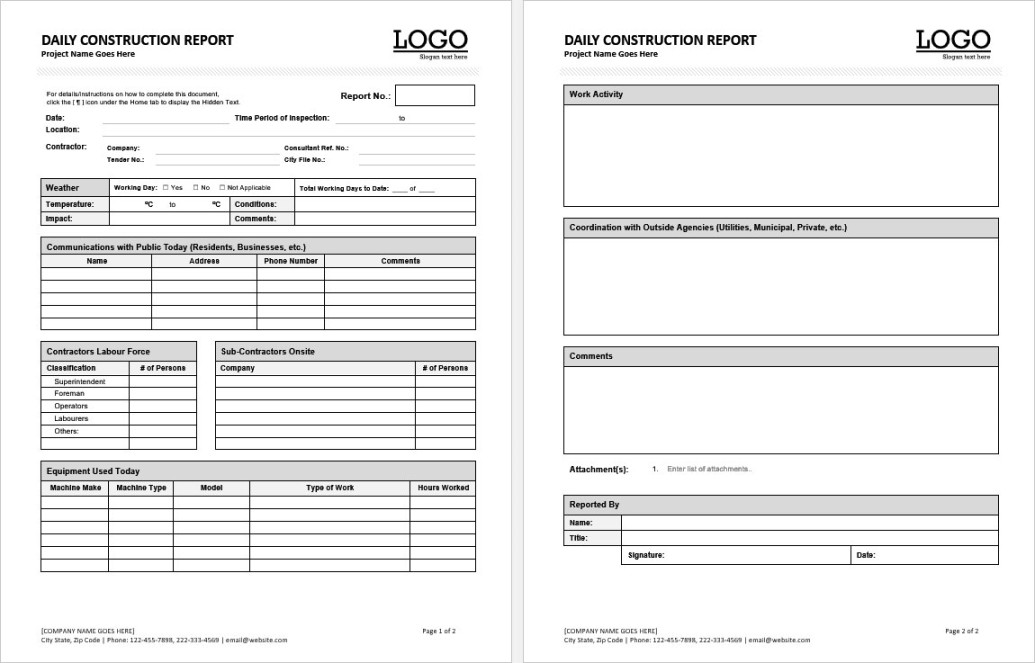 + Printable Construction Report Formats in MS Word