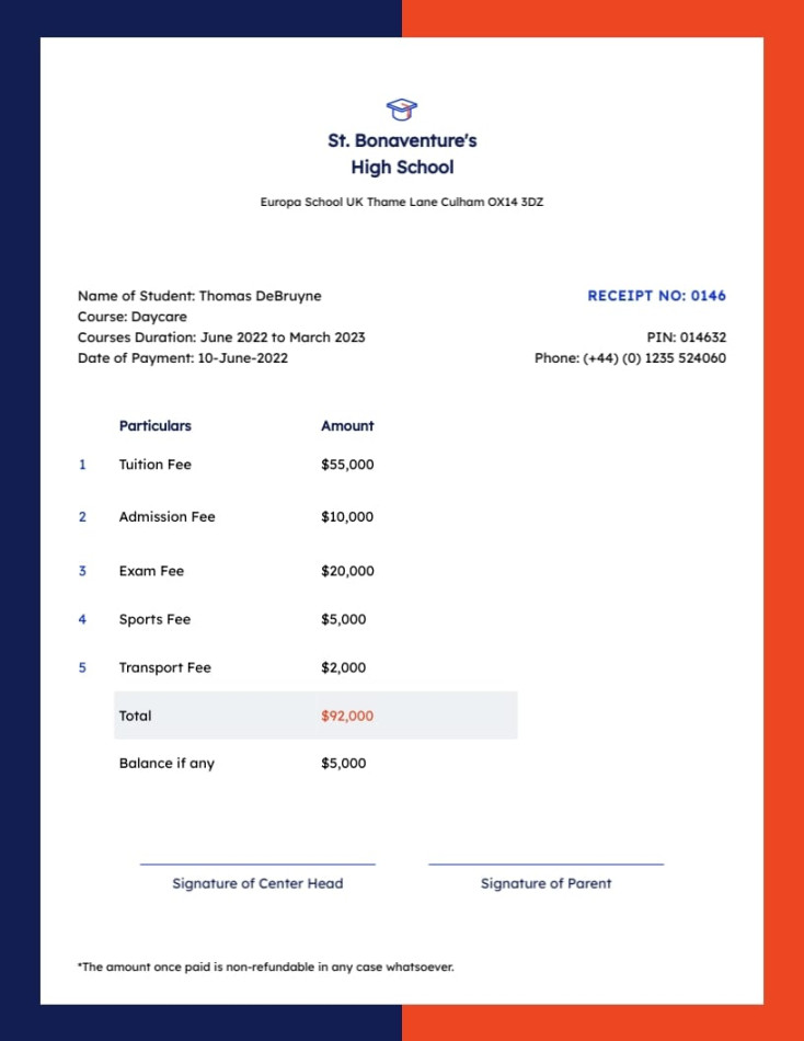 School Tuition Receipt Template  Visme